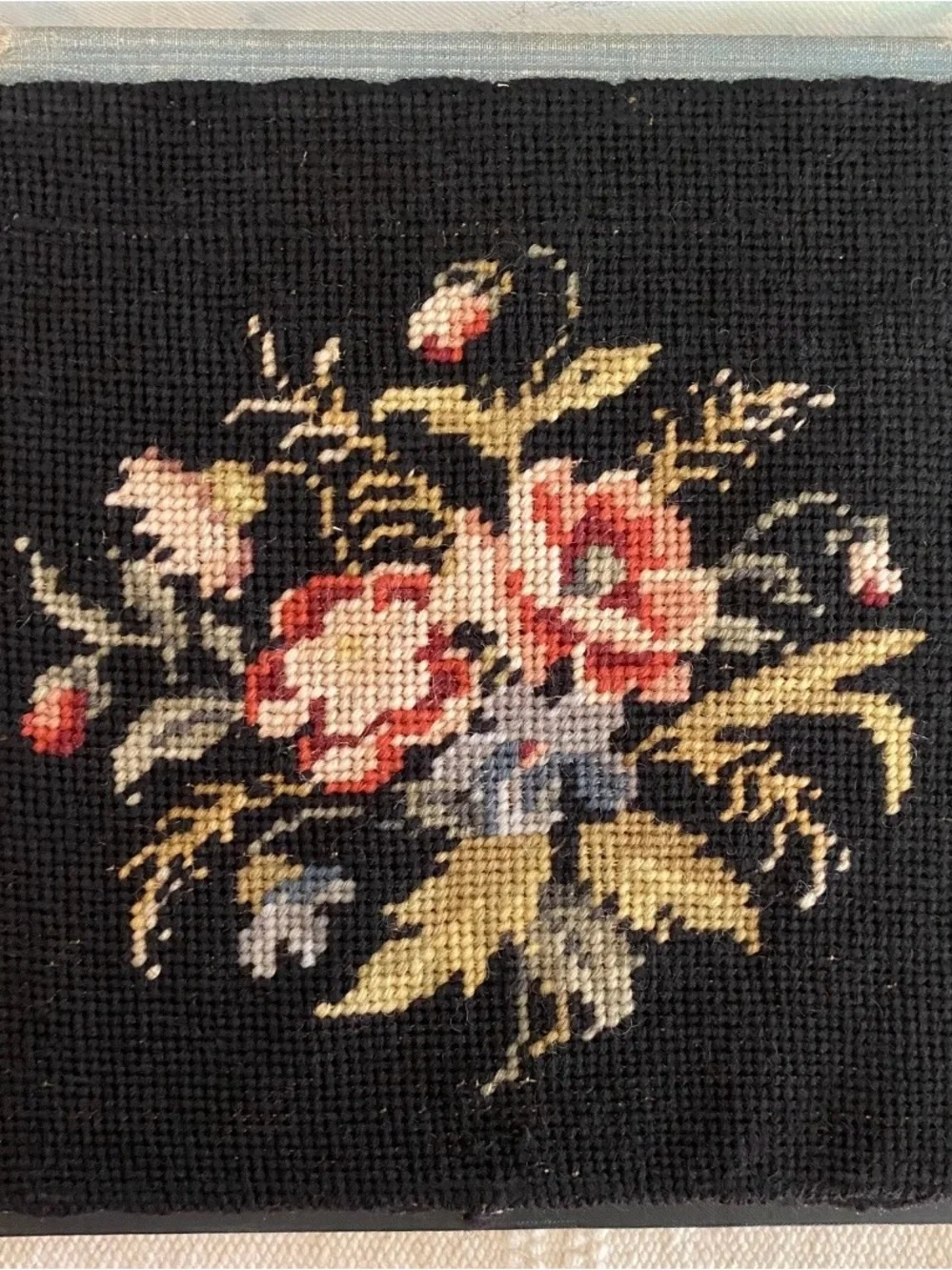 Antique Black Wool Floral Needlepoint Framed Art Panel Handmade Bouquet Flowers - Picture 4 of 10